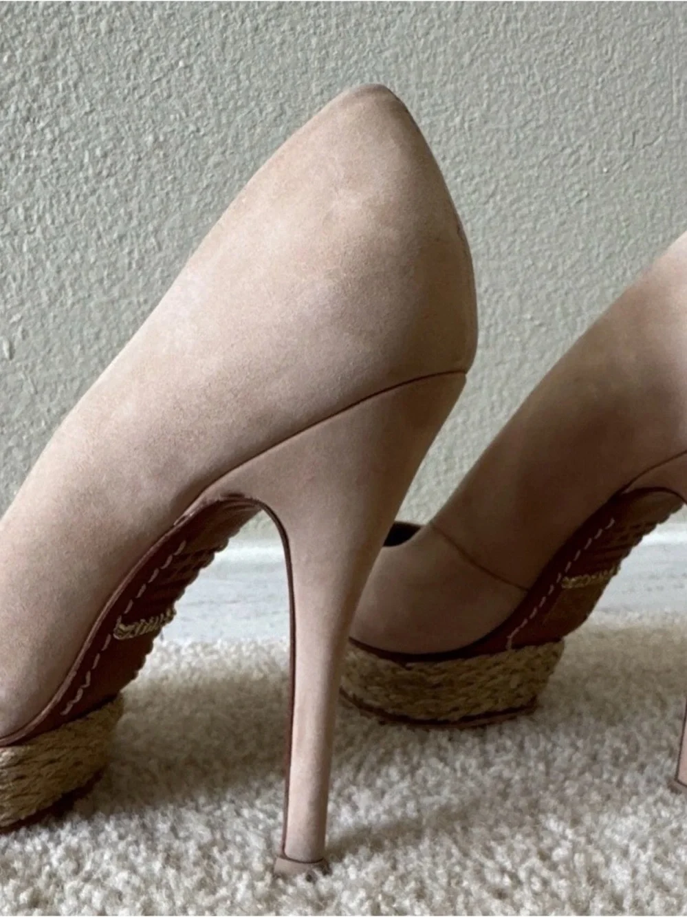 SCHUTZ Beige Suede Platform Pumps with Rope Detail